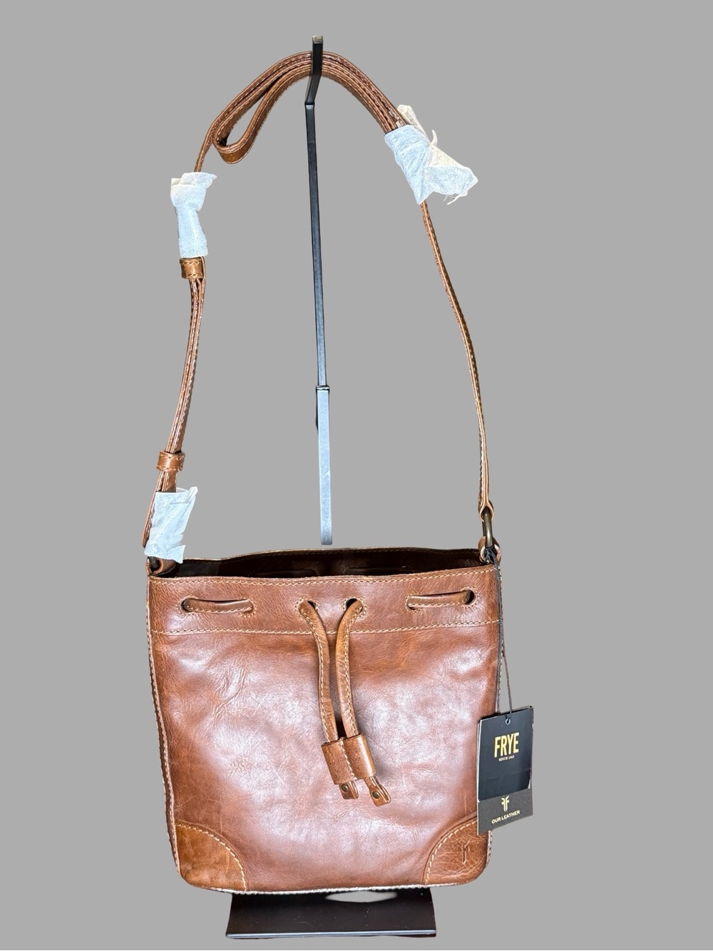 NWT Frye Melissa Leather Drawstring Bucket Bag Crossbody – Cognac